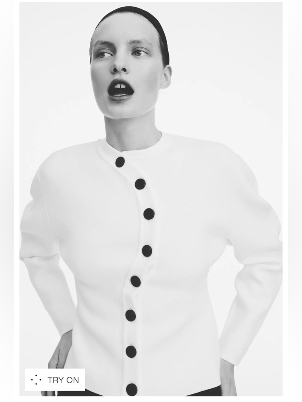Zara White Wrap Knit Jacket with Black Buttons